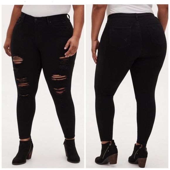 Torrid jeans black distressed Sky High Skinny Premium Stretch High Rise size 16 - Picture 1 of 7